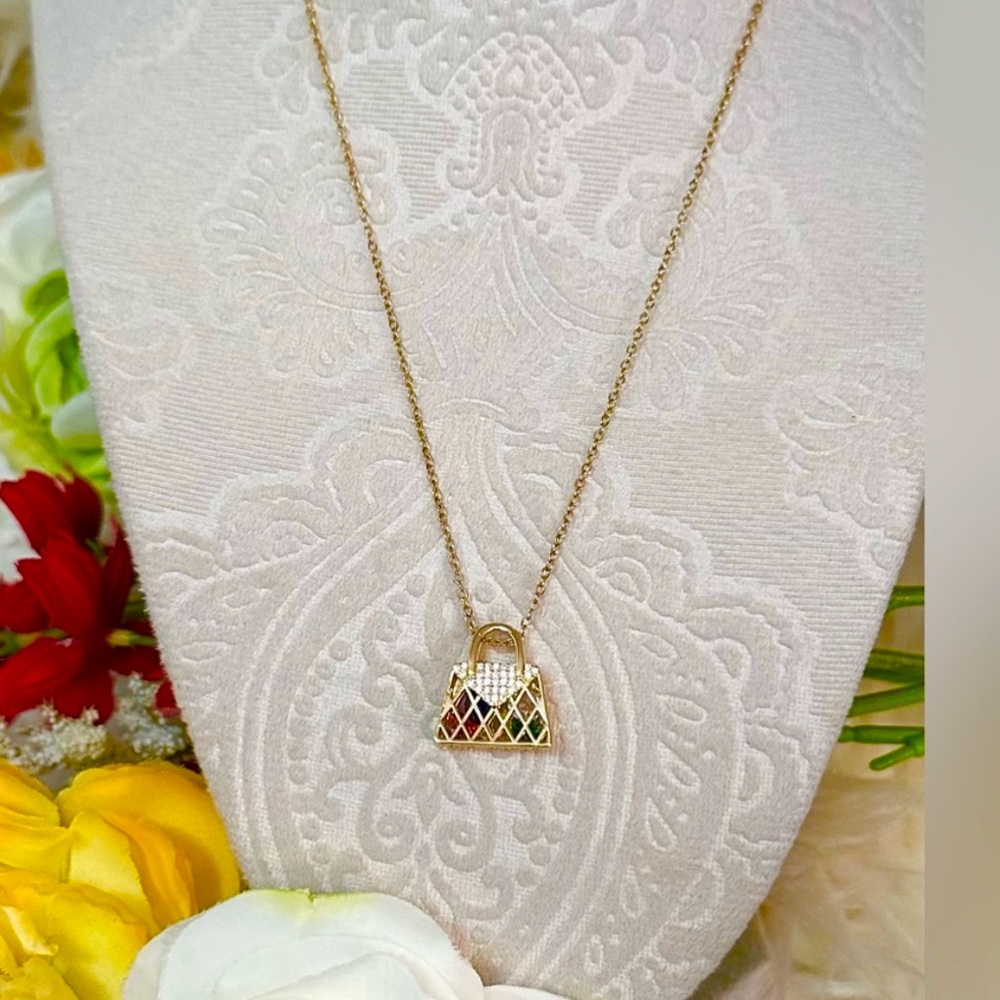 Handbag Fashion Pendant Necklace Gold With Gemstones NEW!